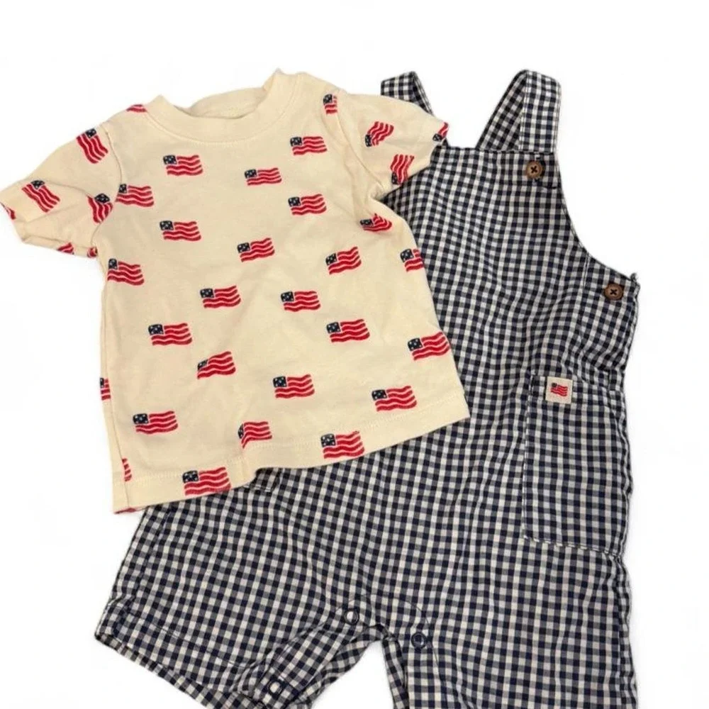 Carters Just One You Baby Boys 12M American Flag T-Shirt Gingham Overalls Set
